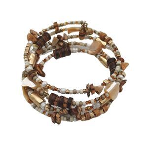 Seed Bead Wrap Bracelet Hammered Gold Wood Beads Shell Chips Boho Chic Coastal
